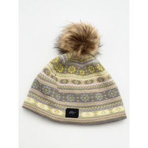 Turtle Fur Merino Wool Pink Yellow Fair Isle Beanie Hat Fleece Faux Fur Pom Pom